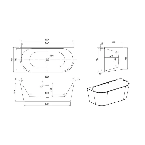 Ванна акриловая Royal Bath Riva RB610212GR, 170 x 78 см, цвет белый (детальная фотография), акриловые