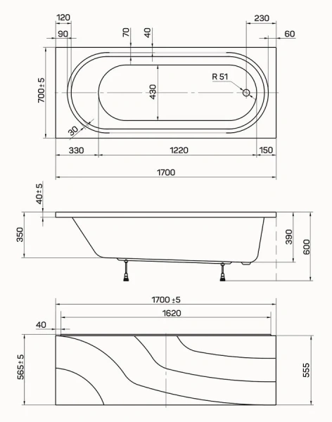 Ванна акриловая Poseidon Darina 01дар1770 170 x 70 см, белая (детальная фотография), акриловые