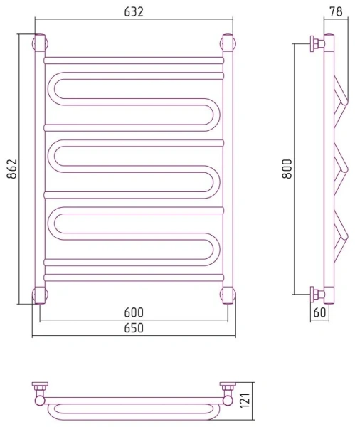 Полотенцесушитель водяной Сунержа Элегия+ 0205-8060 60х80 см из нержавеющей стали (детальная фотография), современные, hi-tech