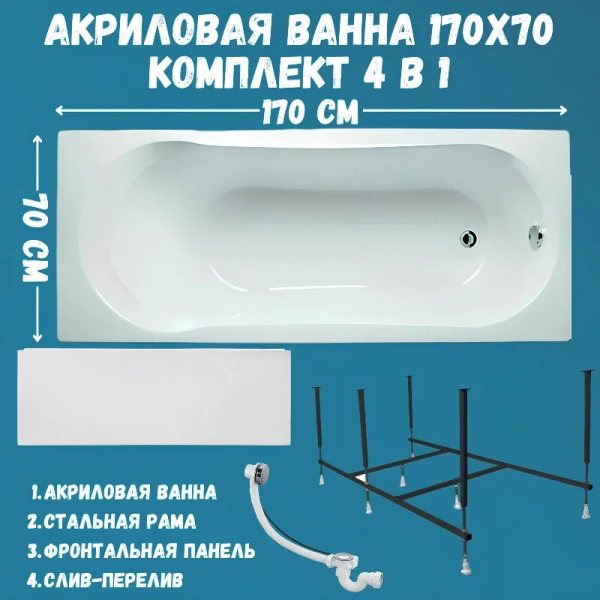 Ванна акриловая 1MarKa Libra 01ли1770кп, 170 x 70 см, цвет белый (детальная фотография), в наличии
