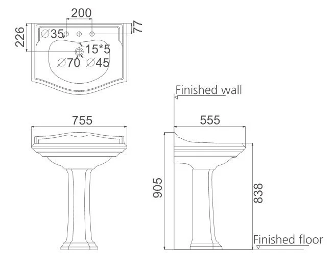 Раковина Creo Ceramiqu Dijon 76 см с пьедесталом DI3000+DI3010 (детальная фотография), классические, ретро
