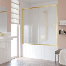 Душевая шторка на ванную профиль золотой стекло шиншилла Vegas-glass