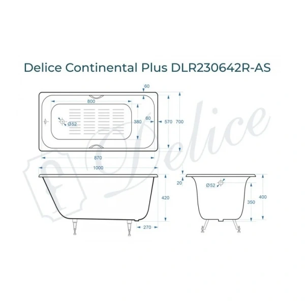 Ванна чугунная Delice Continental Plus 100х70 см с отверстиями под ручки DLR230642R-AS (детальная фотография), чугунные