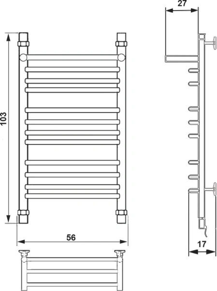 Полотенцесушитель водяной Ника Quadro 100x50 см хром Л 90 г2 ВП 100/50 (детальная фотография), современные, hi-tech