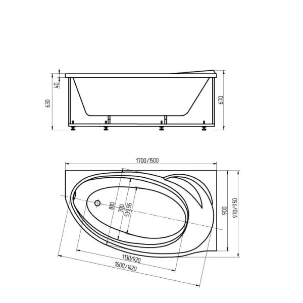 Ванна акриловая Акватек Бетта 150x95 см без фронтального экрана, левая BET150-0000076 (детальная фотография), полукруглые, асимметричные