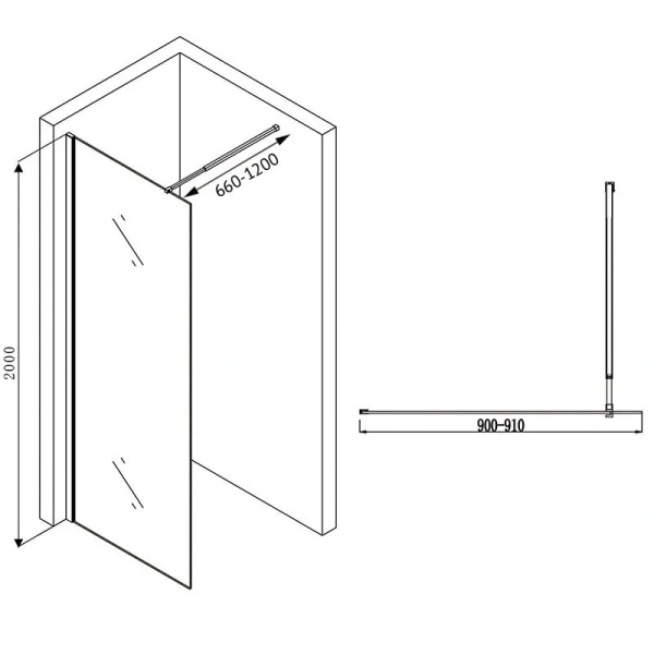 Душевая перегородка Abber Immer Offen 90 см профиль черный AG61090B (детальная фотография), современные, hi-tech
