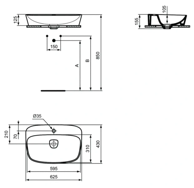 Раковина Ideal Standard Dea 62 см с отверстием под смеситель T044501 (детальная фотография), современные, hi-tech
