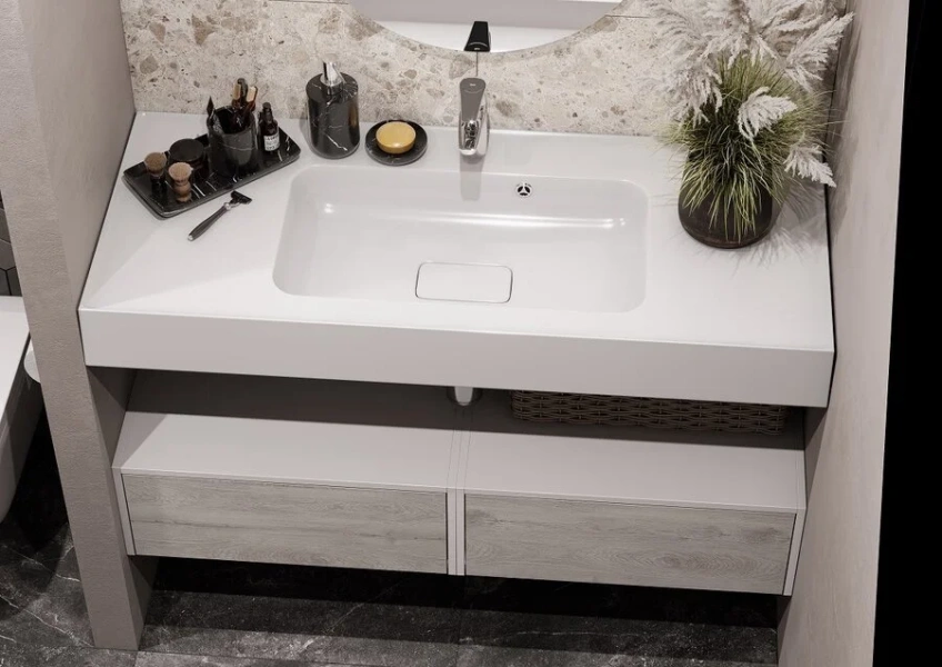 Раковина Акватон Ричмонд 1A70583KRD010 120 см прямоугольная (детальная фотография), подвесные, накладные (на столешницу), пристенные