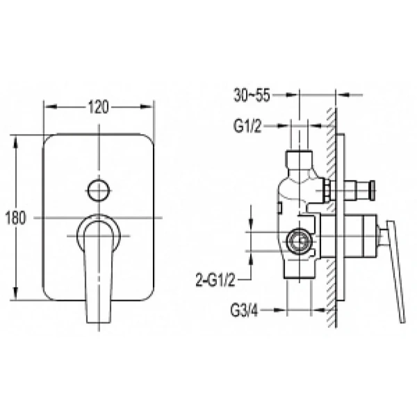 Смеситель для душа Cezares Baden встраиваемый двухпозиционный BADEN-F-VDIM-01 (детальная фотография), для душа