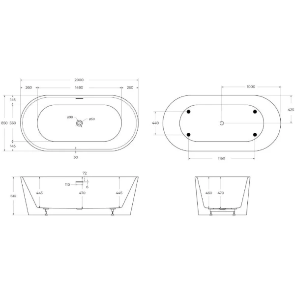 Ванна акриловая BelBagno 200x85 см отдельностоящая BB416-2000-850 (детальная фотография), акриловые