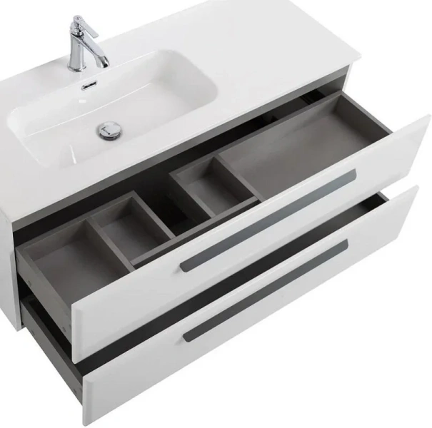 Тумба под раковину подвесная Cezares Eco 120 см Bianco Lucido, правосторонняя ECO-CER-N-1200-2C-SO-BL-R (детальная фотография), комплект (набор)