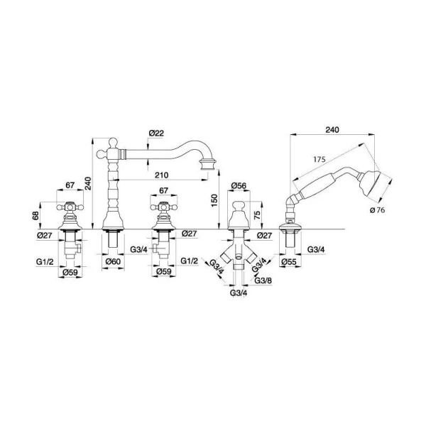 Смеситель для ванны Migliore Arcadia 183 на борт (детальная фотография), для ванны
