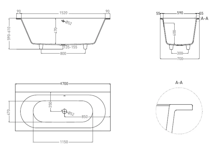 Ванна из искусственного камня Salini Ornella Axis 170x70 см белый матовый 104613M (детальная фотография), современныe, hi-tech
