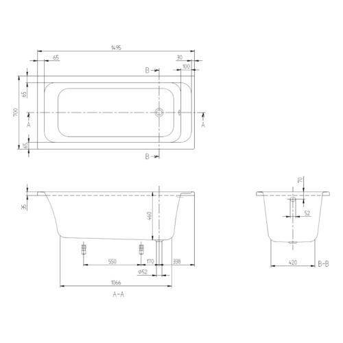 Ванна акриловая Villeroy & Boch Architectura 150х70 см белая UBA157ARA2V-01 (детальная фотография), 150x70 см