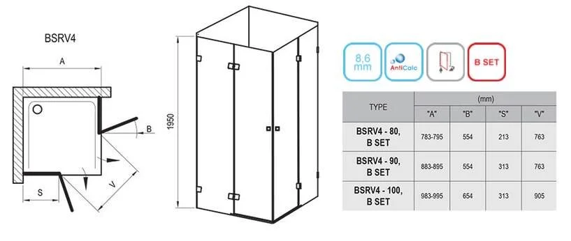 Душевой уголок, профиль хром, стекло прозрачное, Ravak Brilliant BSRV4-90 (детальная фотография), в наличии index_4