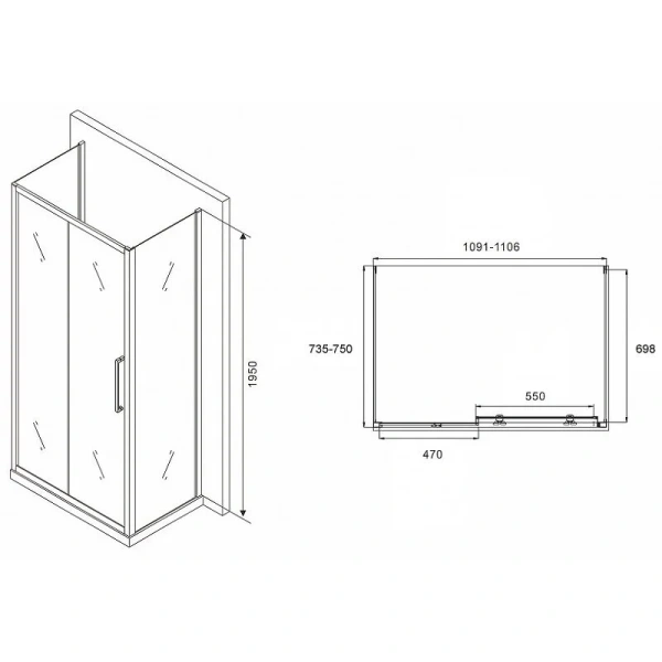 Душевой уголок Abber Schwarzer Diamant 110х75 см профиль хром, стекло матовое AG30110MH-S75M-S75M (детальная фотография), прямоугольные