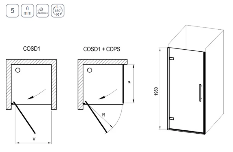 Душевая дверь в нишу Ravak X0VV40 80 см распашная (детальная фотография), современные, hi-tech