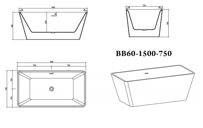 Ванна акриловая BelBagno 150х75 см отдельностоящая BB60-1500-750 (детальная фотография), акриловые