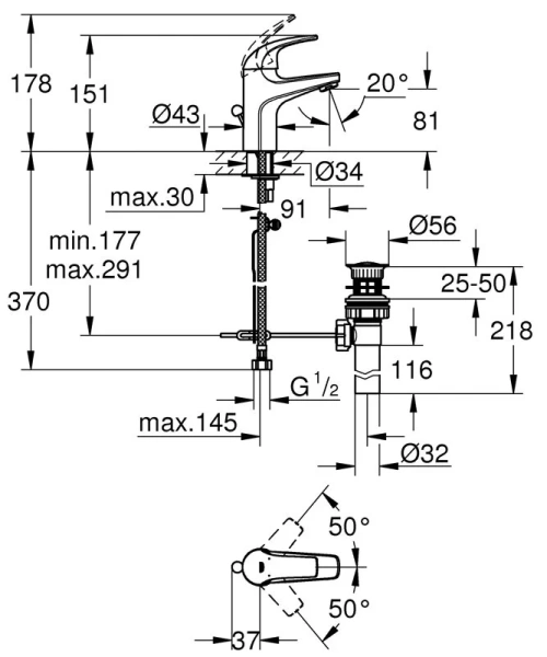 Смеситель для раковины Grohe BauCurve однорычажный 32805000 (детальная фотография), для раковины