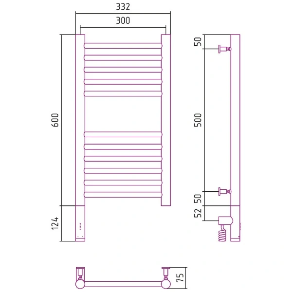 Полотенцесушитель электрический Сунержа Богема 3.0 30х60 см правый, без покрытия 00-5805-6030 (детальная фотография), современные, hi-tech