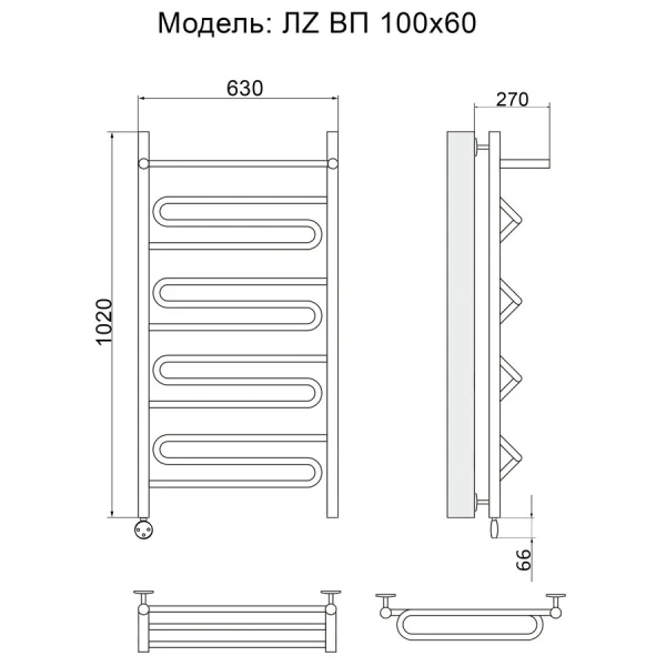 Полотенцесушитель электрический Ника Curve 100х60 см левый ЛЗ ВП 100/60 лев (детальная фотография), современные, hi-tech