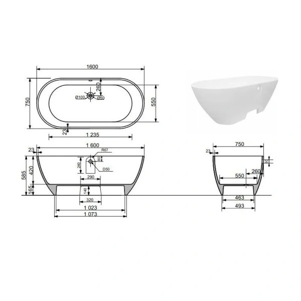 Ванна из искусственного мрамора Aquanet Family Stone AQ-00332889, 160 x 75 см, цвет белый (детальная фотография), искусственный камень