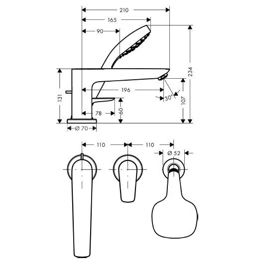 Смеситель для ванны Hansgrohe Talis E 71731000 на 3 отверстия (детальная фотография), для ванны