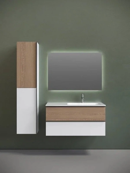 Тумба под раковину подвесная Sancos Delta 100 см правая дуб светлый/белая DL100RW (детальная фотография), окрашенные, под дерево