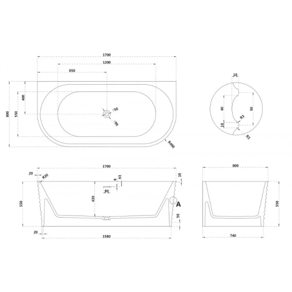 Ванна из искусственного камня Abber Stein 170x80 см пристенная AS9652 (детальная фотография), искусственный камень