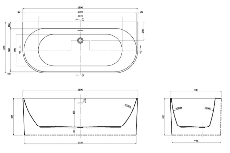 Ванна акриловая Azario Bradford BRA18080 180 x 80 см, белая (детальная фотография), акриловые