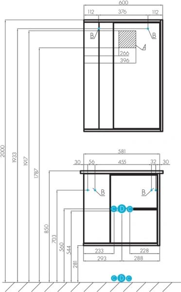 Тумба с раковиной подвесная Акватон Бостон 1A252501BN010 60 см с дверцей и двумя ящиками (детальная фотография), окрашенные, под дерево
