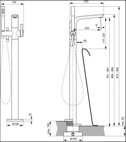 Смеситель для ванны Ideal Standard Melange хром, напольный A6120AA (детальная фотография), для ванны