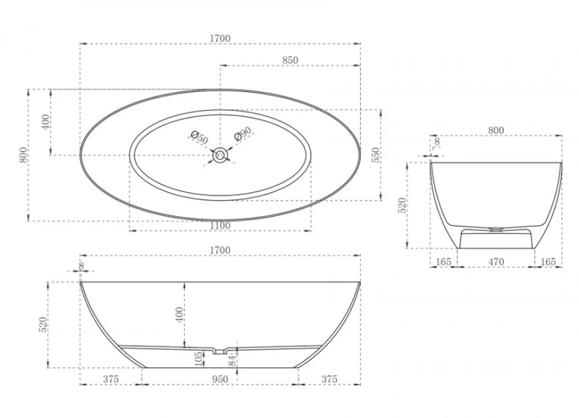 Ванна из искусственного камня Abber Stein 170x80 см отдельностоящая AS9625-1.7 (детальная фотография), искусственный камень