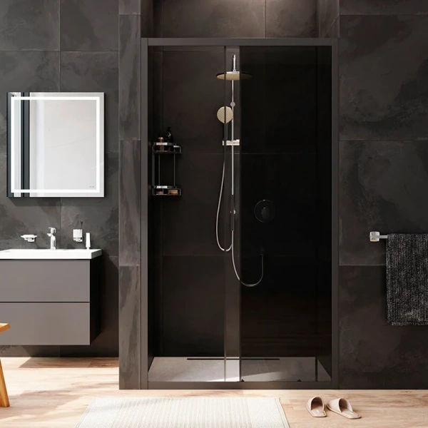 Душевая дверь в нишу AM.PM Gem Solo 110 см профиль черный стекло тонированное W90G-110-1-195BG (детальная фотография), недорогие, в нишу, стеклянные