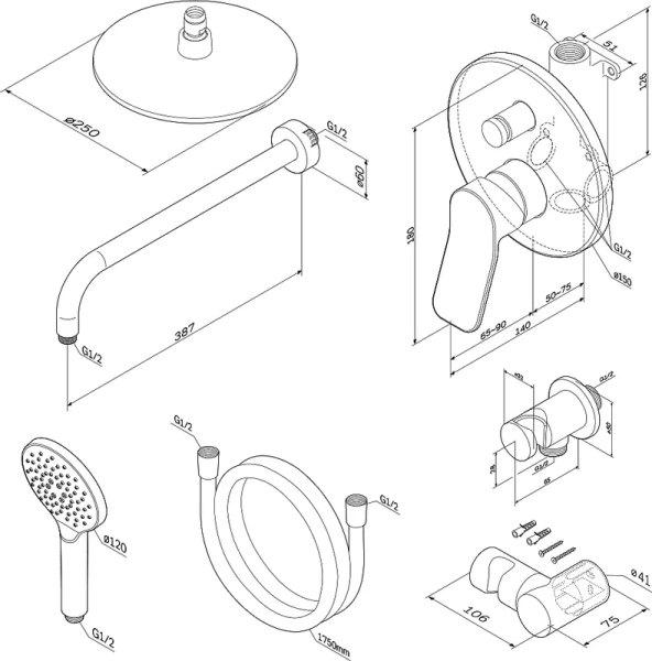 Душевой комплект Am.Pm X-Joy с внутренней частью для душа FB85A1RH10 (детальная фотография), хром