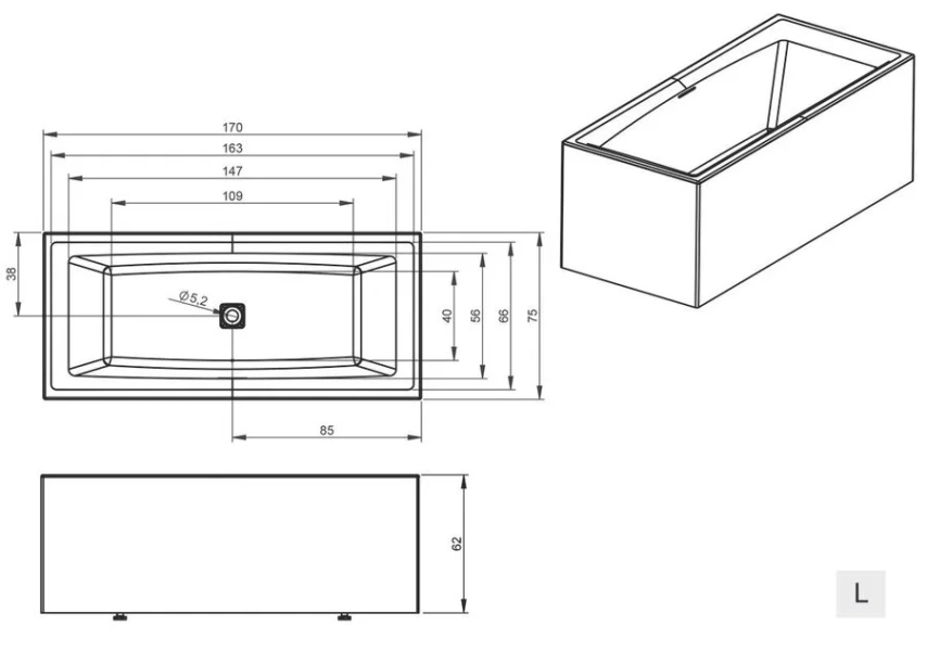 Акриловая ванна Riho Still Square Elite Plug & Play B100030005/B100031005, 170 x 75 см, левая/правая, цвет белый (детальная фотография), прямоугольные