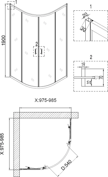 Душевой уголок Niagara Nova 100x100 см четверть круга 68070811BLACK (детальная фотография), современные, hi-tech