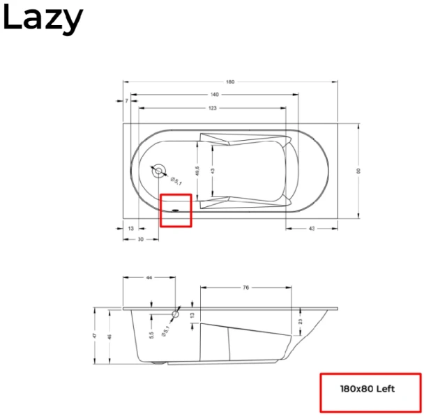 Ванна акриловая Riho Lazy 180х80 см правосторонняя B082001005 (детальная фотография), прямоугольные