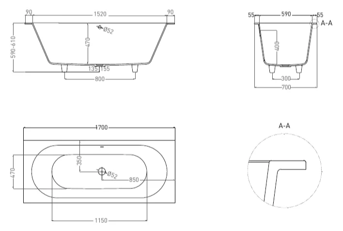 Ванна из искусственного камня Salini Ornella Axis 170х70 см белая матовая 104623M (детальная фотография), искусственный камень