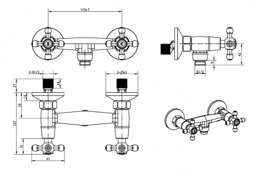 Смеситель для душа Boheme Crystal двухвентильный (детальная фотография), для душа