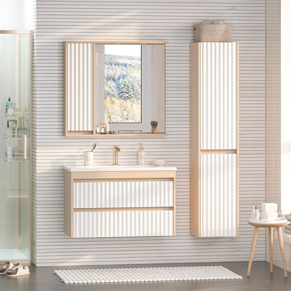 Зеркальный шкаф с подсветкой Brevita Balaton 90 см белый/бежевый, левый BAL-04090-03-01Л (детальная фотография), белые, бежевые, комбинированные