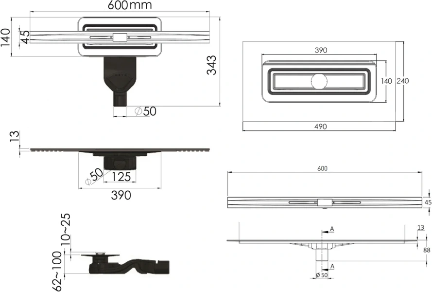 Душевой лоток BERGES Simpel 60 см хром матовый 090111 (детальная фотография), для монтажа в пол index_1