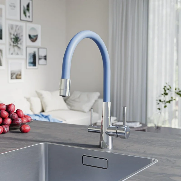 Смеситель для кухни Lemark Comfort хром/голубой LM3075C-SkyBlue (детальная фотография), для кухни