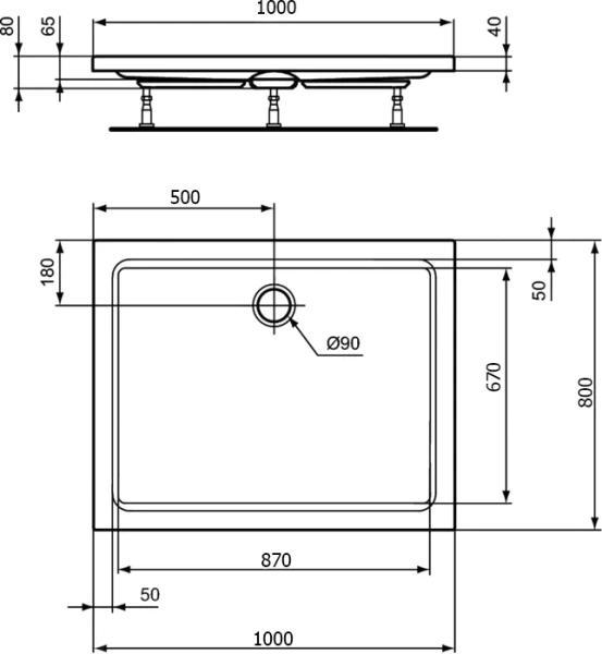 Душевой поддон Ideal Standard Hotline K2774 100х80 см прямоугольный (детальная фотография), прямоугольные