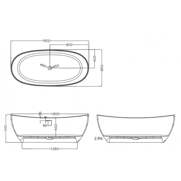 Ванна из искусственного камня Abber Stein 180x85 см отдельностоящая AS9615-1.8 (детальная фотография), современныe, hi-tech