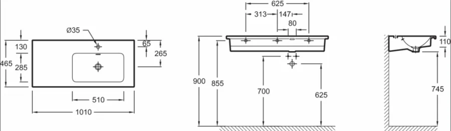 Раковина Jacob Delafon Vox 101 см подвесная с левым крылом EXAD112-00 (детальная фотография), современные, hi-tech