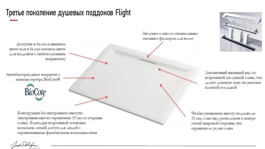 Душевой поддон акриловый Jacob Delafon Flight Pure 90х90 см E62323 (детальная фотография), акриловые