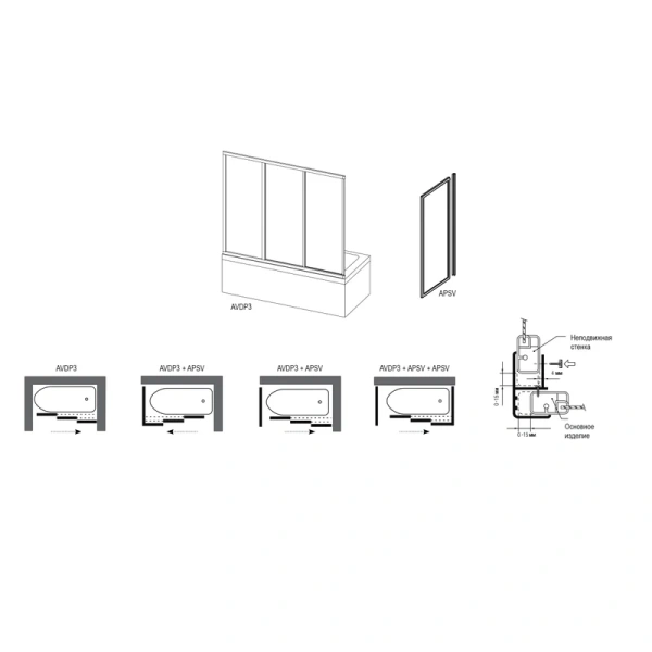 Шторка для ванны, профиль сатин, пластик рейн, Ravak AVDP3-170 40VV0U0241 (детальная фотография), недорогие
