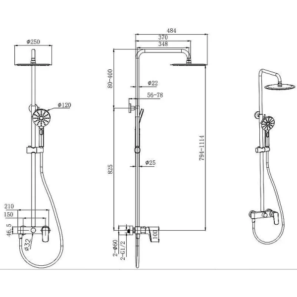 Душевая стойка Акватек черная матовая AQ2060MB (детальная фотография), современные, hi-tech