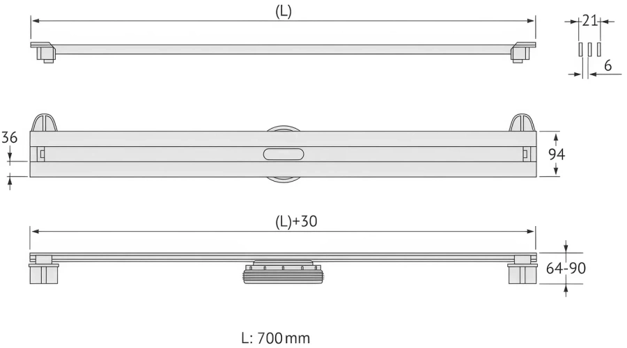 Душевой лоток BERGES Super Slim 153 70 см сифон боковой (детальная фотография), для монтажа в пол index_1